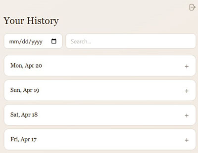 Screenshot of the MyFANOSS History page showing a date picker, search bar, and a list of past daily check-ins