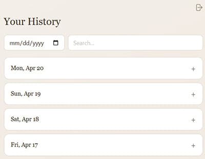 Screenshot of the MyFANOSS History page showing a date picker, search bar, and a list of past daily check-ins