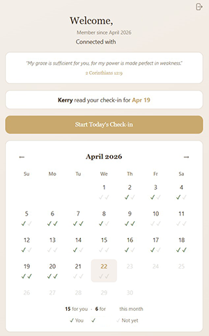 Screenshot of the MyFANOSS Home page showing the daily verse, partner read-receipt, check-in button, and monthly calendar