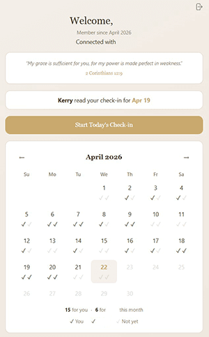 Screenshot of the MyFANOSS Home page showing the daily verse, partner read-receipt, check-in button, and monthly calendar