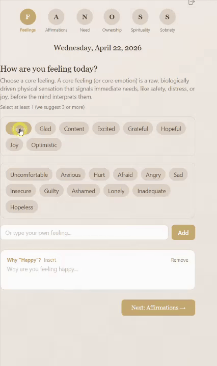 Animated preview of the Feelings step in the MyFANOSS check-in wizard